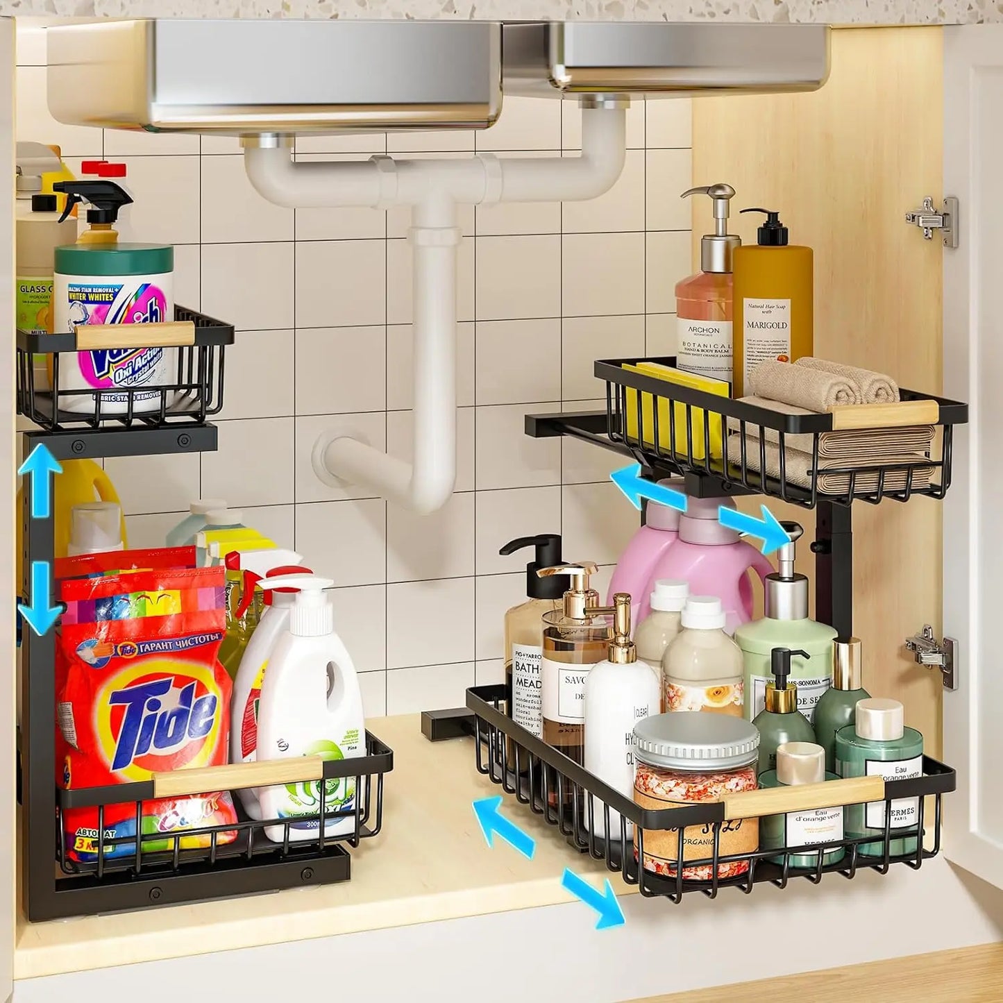 2-Tier Under Sink Organizer with Pull-Out Drawer β Height Adjustable Cabinet Storage Rack for Kitchen, Bathroom & Laundry Room