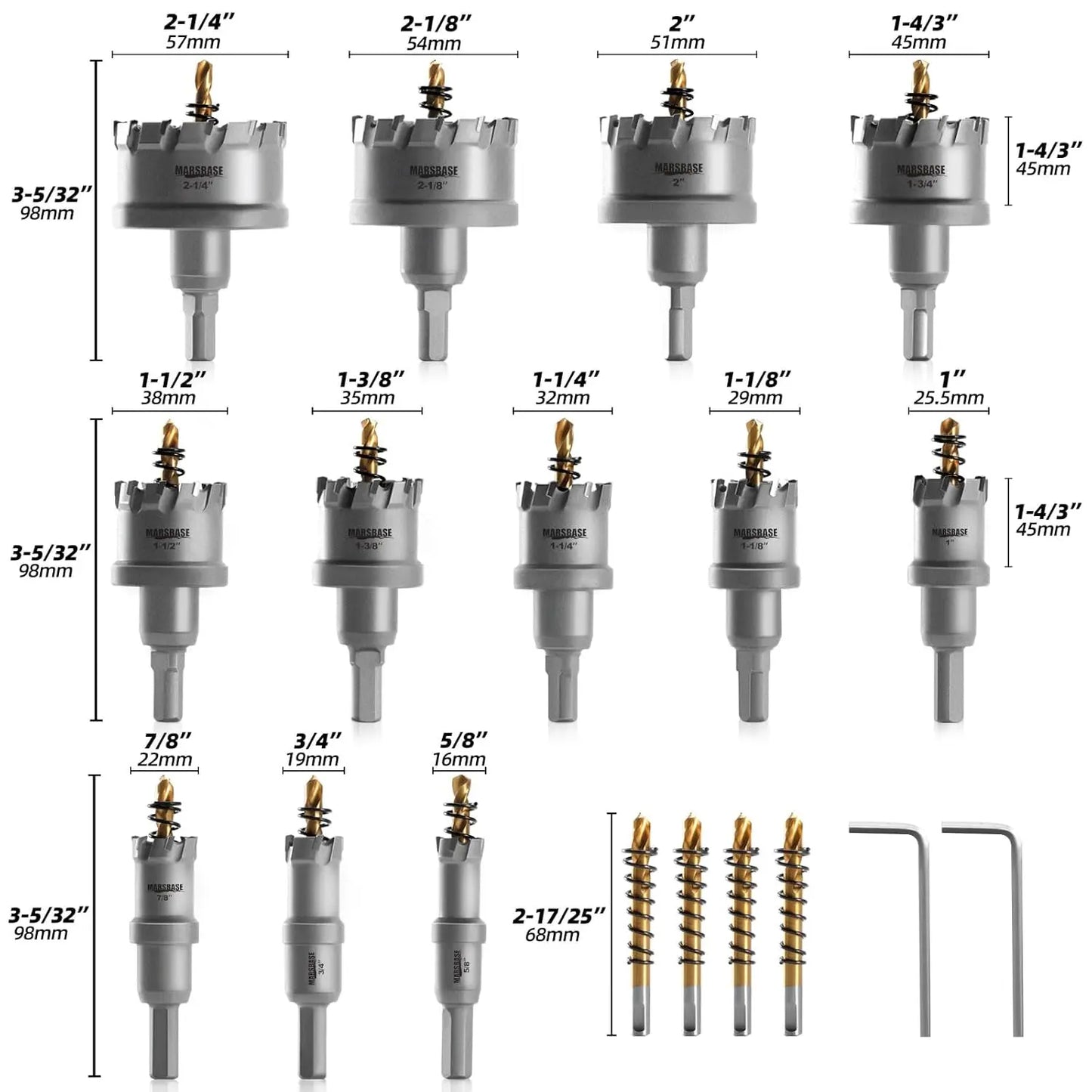 Carbide TCT Hole Saw Kit 5/8"-2-1/4" Metal Hole Cutter Set for Stainless Steel Iron Copper Brass