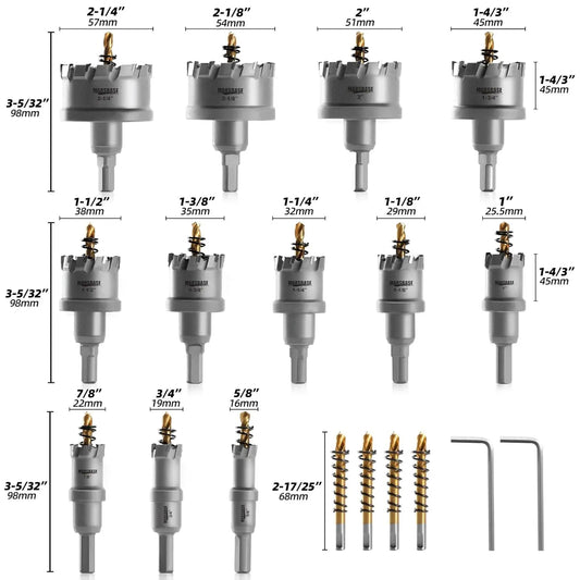 Carbide TCT Hole Saw Kit 5/8"-2-1/4" Metal Hole Cutter Set for Stainless Steel Iron Copper Brass