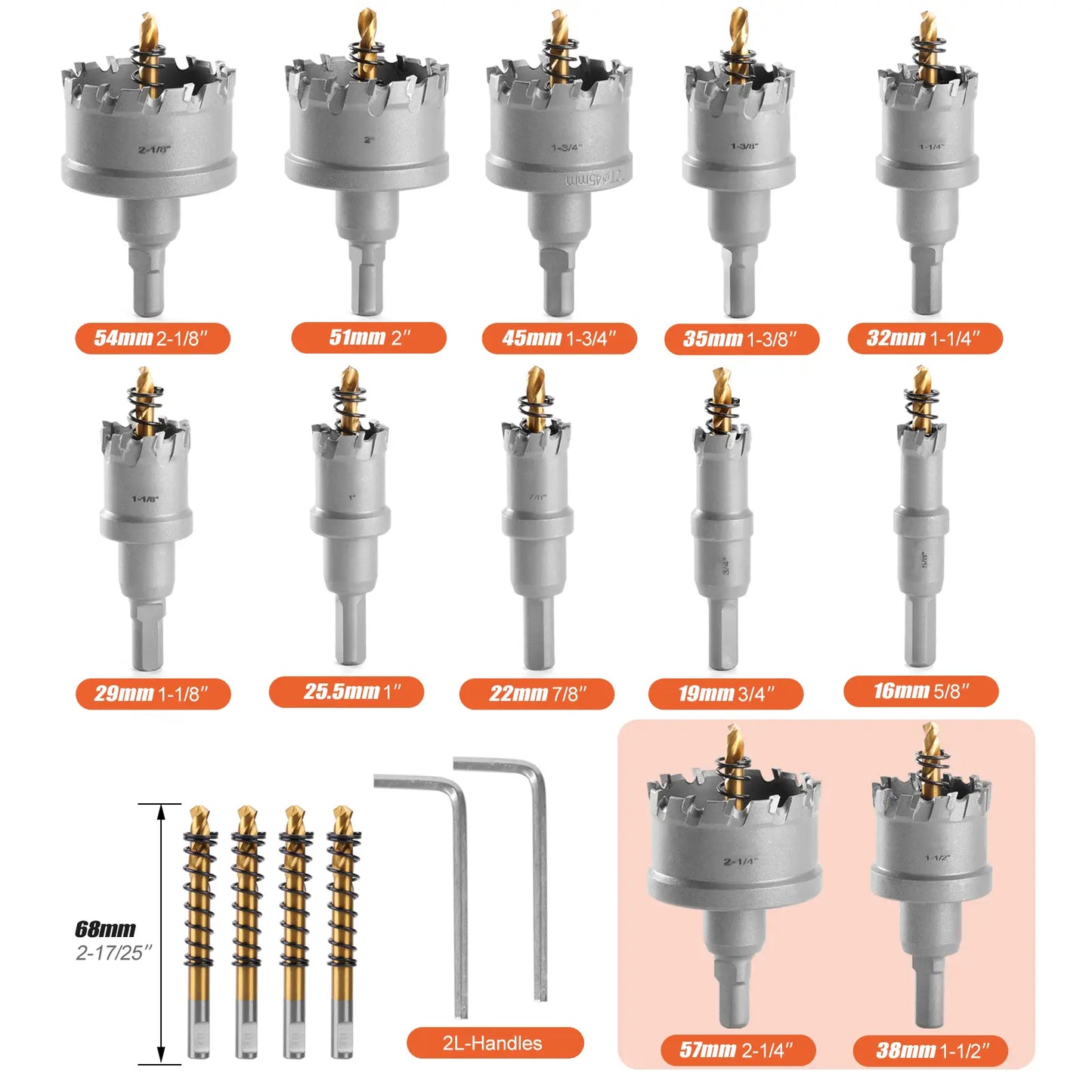 Carbide TCT Hole Saw Kit 5/8"-2-1/4" Metal Hole Cutter Set for Stainless Steel Iron Copper Brass