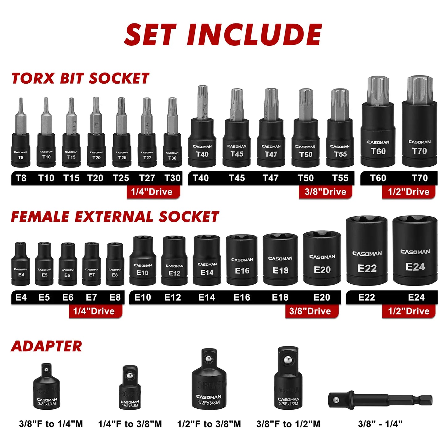32PCS Torx Bit Socket Set with E-Torx Sockets & Impact Adapters